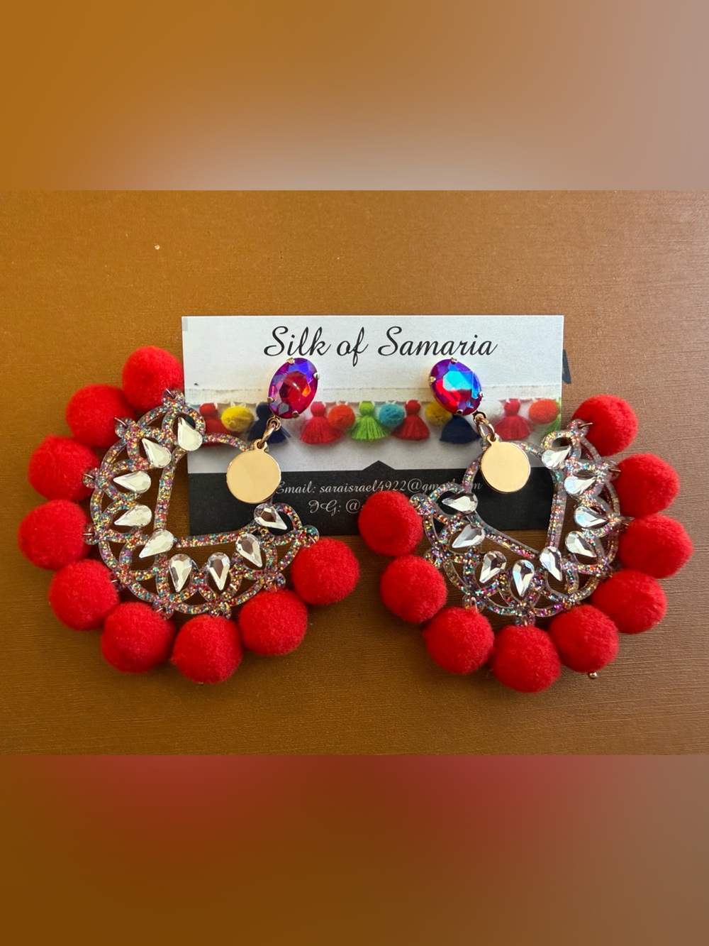Red Pom & Crystal Statement Earrings